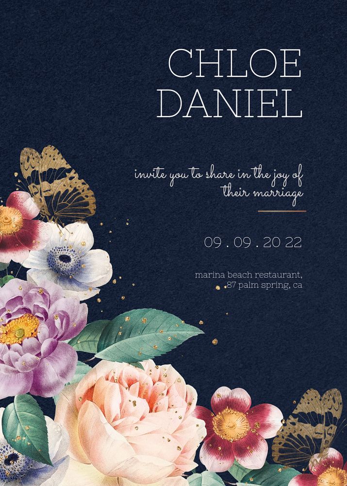 Wedding invitation card, customizable template, floral design