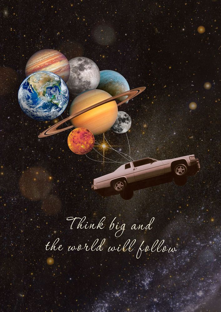 Space balloons poster template, surreal collage art remixed media