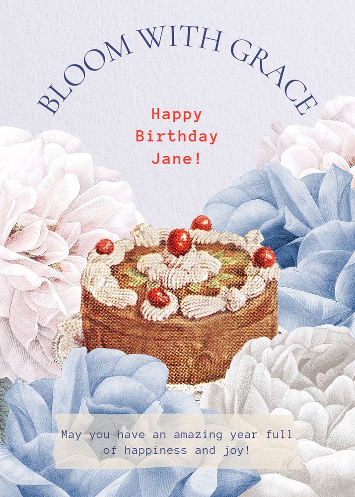 Happy birthday card template, vintage botanical design, editable text