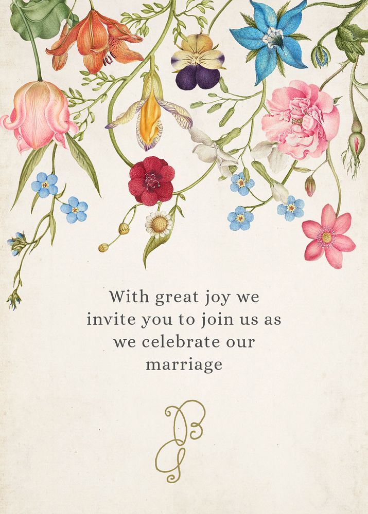 Wedding invitation card template, vintage botanical design, editable text