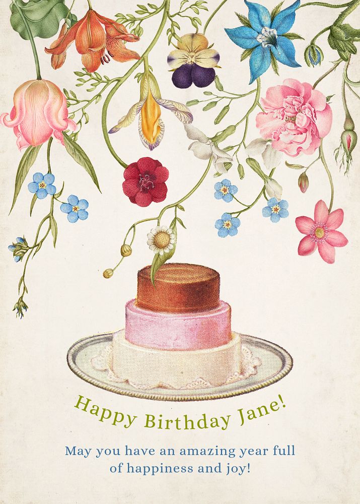 Happy birthday card template, vintage botanical design, editable text