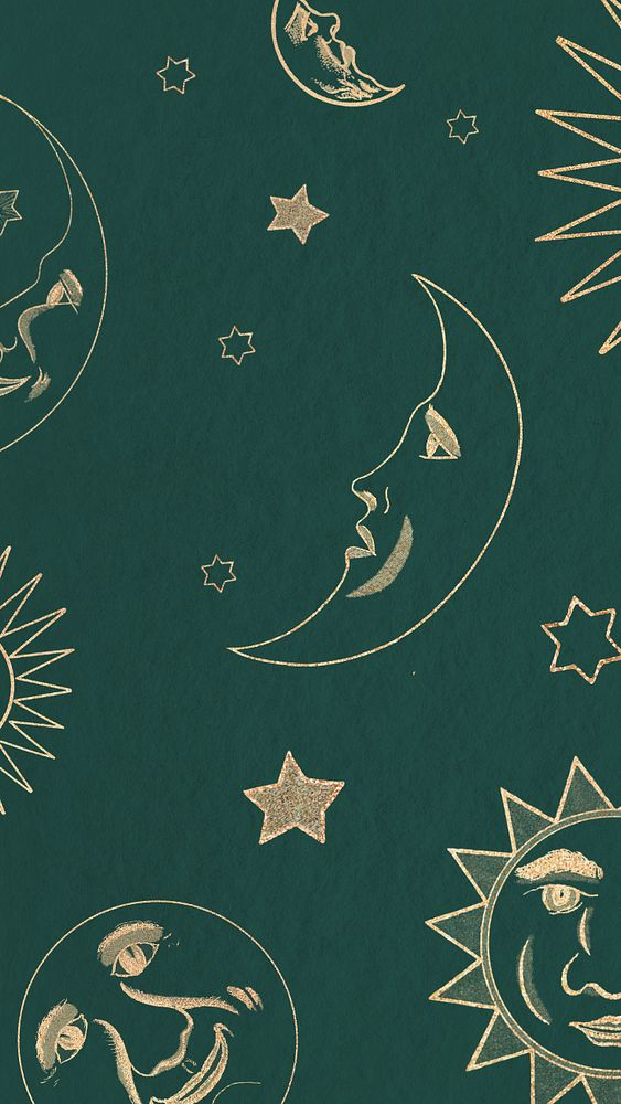 Green celestial sun moon iPhone wallpaper, editable design