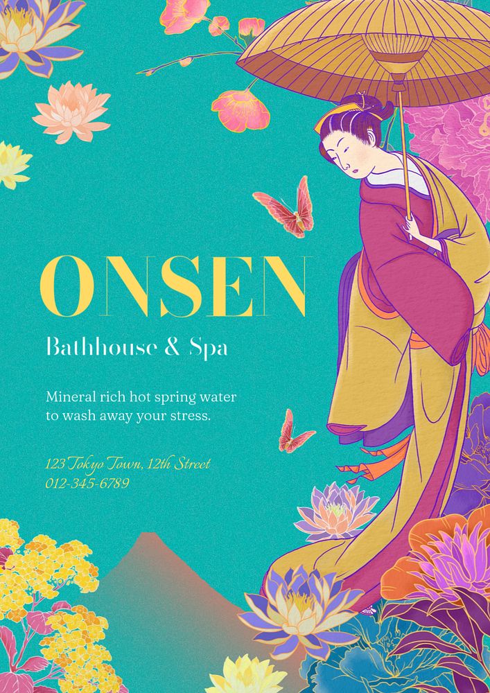 Japanese onsen editable poster template, vintage Ukiyo-e art remix