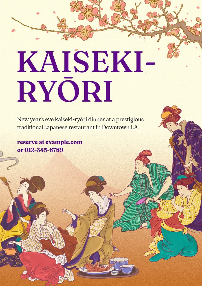 Kaiseki dinner editable poster template, vintage Ukiyo-e art remix