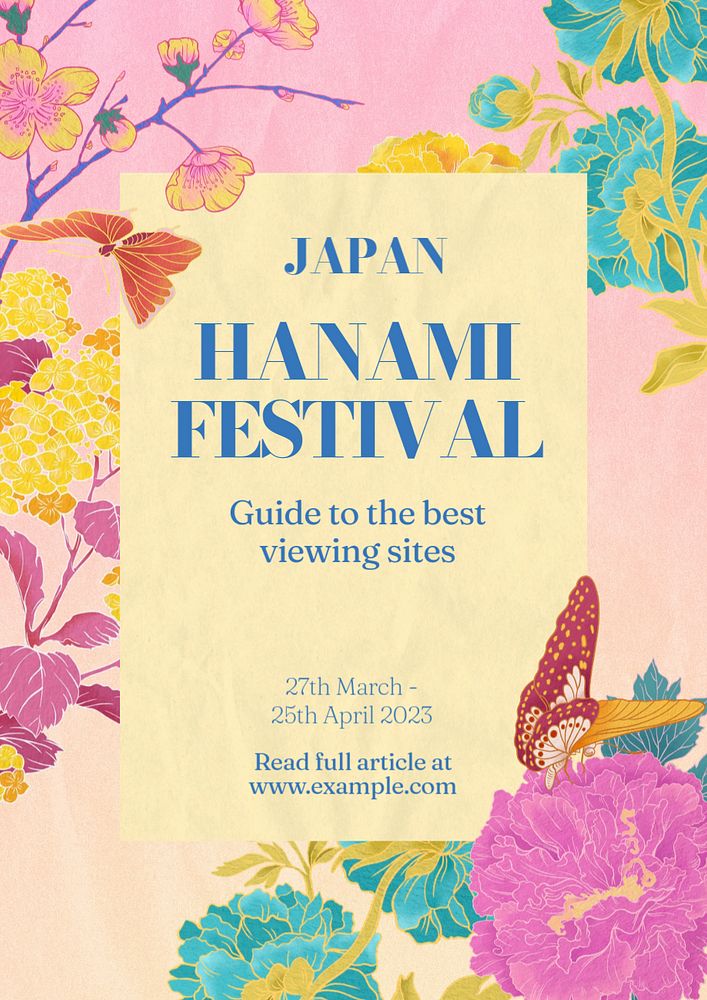 Hanami festival editable poster template, vintage Ukiyo-e art remix