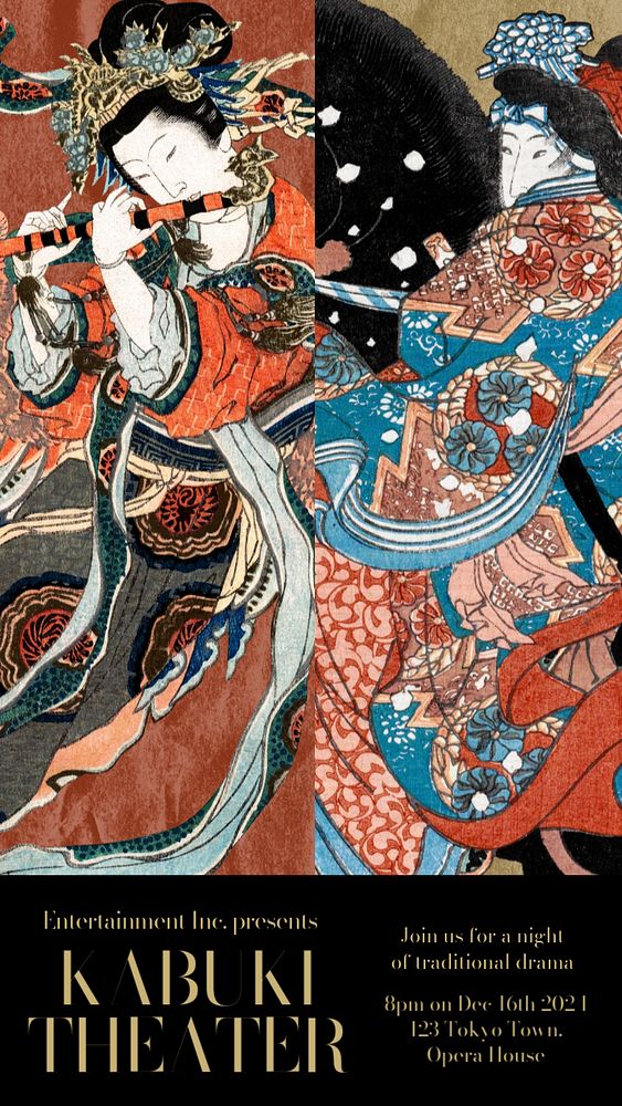 Japanese theater Instagram story template, editable vintage Ukiyo-e art remix