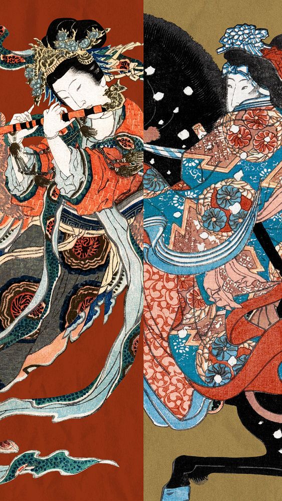 Editable aesthetic vintage Japanese art, ukiyo-e remix