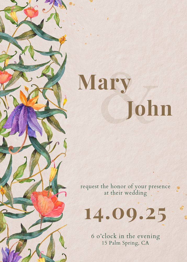 Watercolor wedding invitation template, flower illustration, editable design