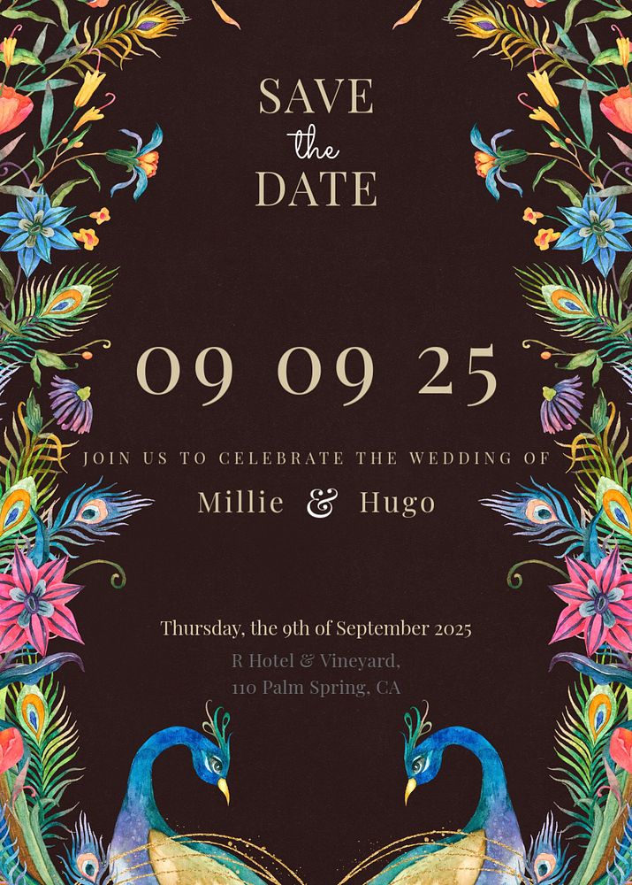 Save the date invitation template, flower illustration, editable design