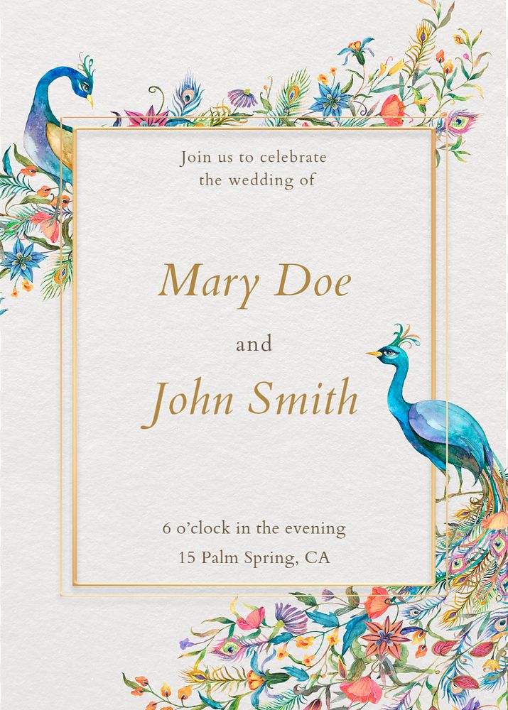 Peacock wedding invitation template, flower illustration, editable design