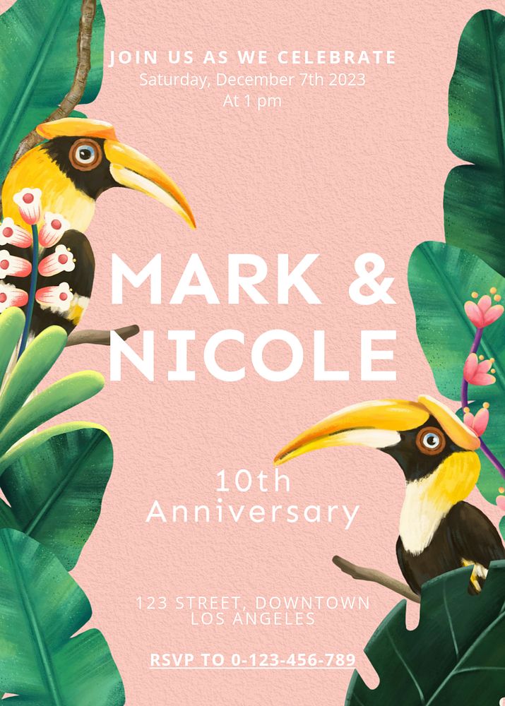 Wedding anniversary invitation card template, editable hand-drawn nature