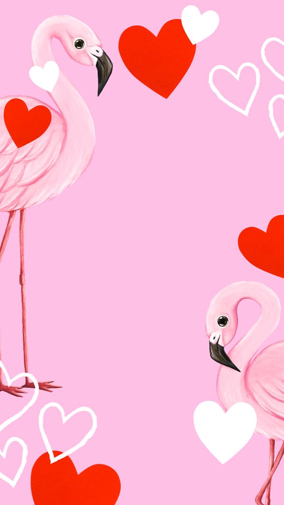 Hand-drawn flamingos frame, editable pink mobile wallpaper remix