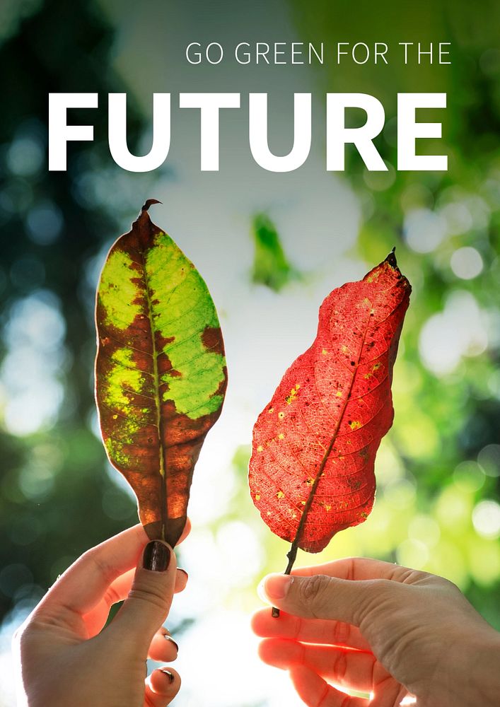 Environment template, green poster with hands holding leaves