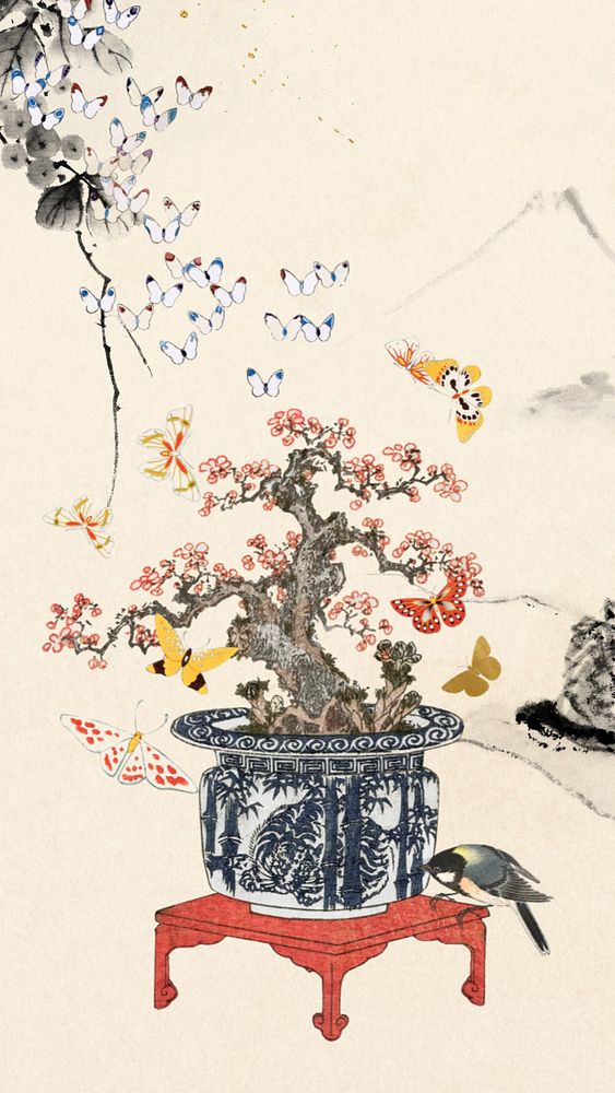 Customizable vintage Japanese bonsai, ukiyo-e remix design