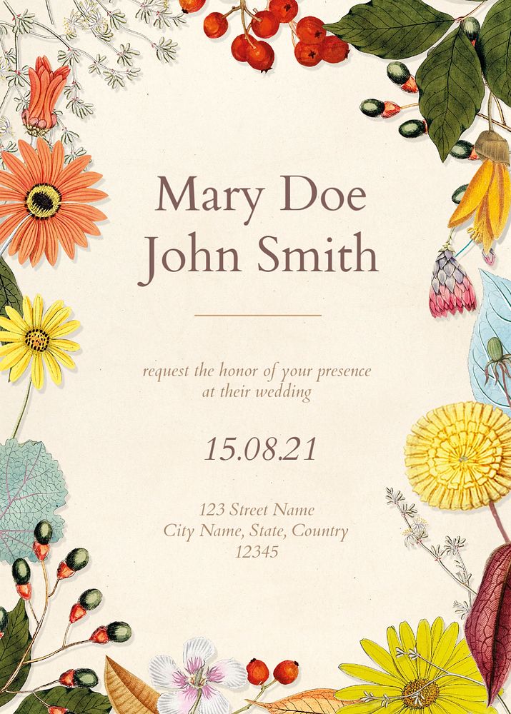 Summer wedding invitation card template, editable text and floral design