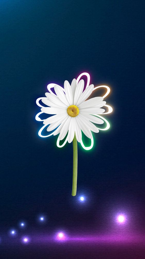 Neon daisy flower mobile wallpaper, dark blue background