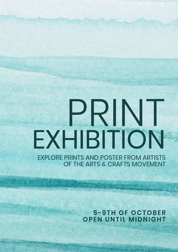 Print exhibition poster template, blue watercolor design