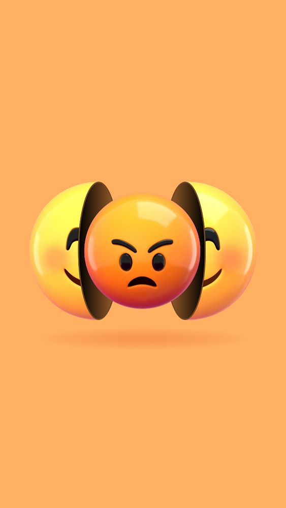 Angry emoticon iPhone wallpaper, hiding behind smiling face, editable design