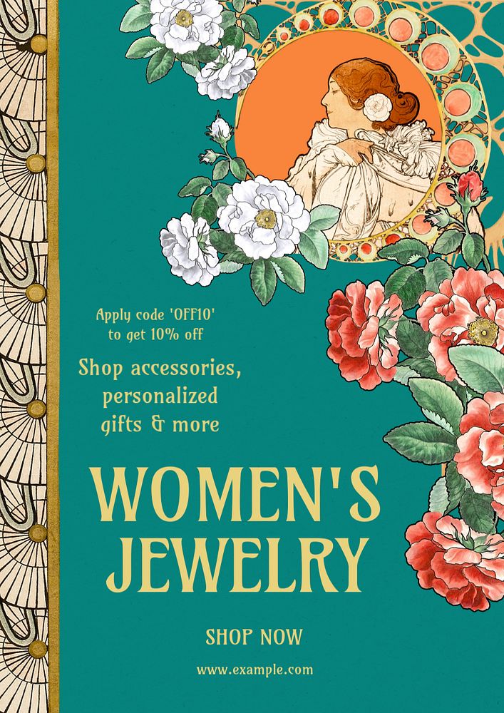 Women's jewelry shop poster template, editable Alphonse Mucha’s  Art Nouveau design, remixed by rawpixel