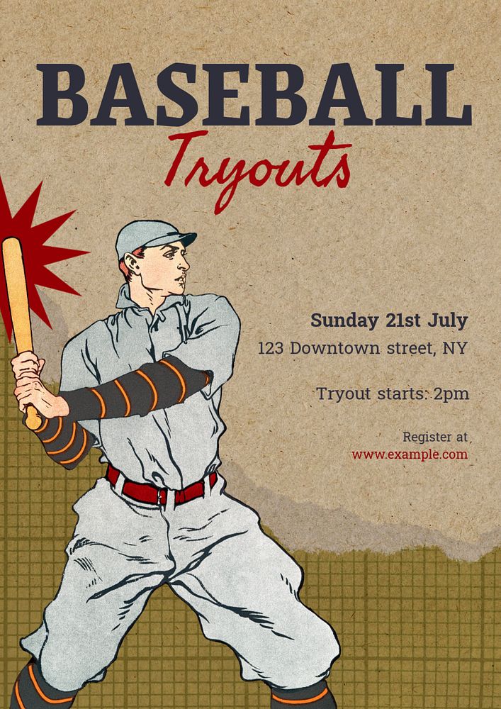 Vintage baseball tryout poster template, editable Art Nouveau design, remixed by rawpixel