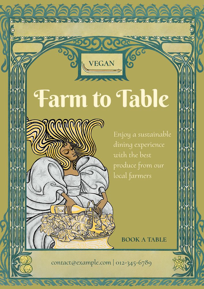 Farm to table poster template, editable Art Nouveau design, remixed by rawpixel