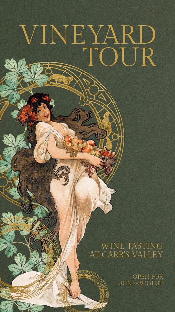 Art Nouveau Facebook story template, editable Alphonse Mucha design, remixed by rawpixel