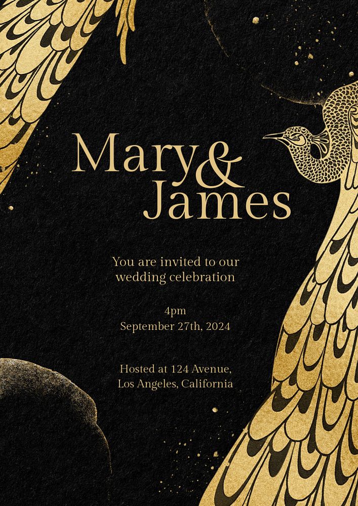 Gold wedding invitation poster template, editable Art Nouveau design, remixed by rawpixel