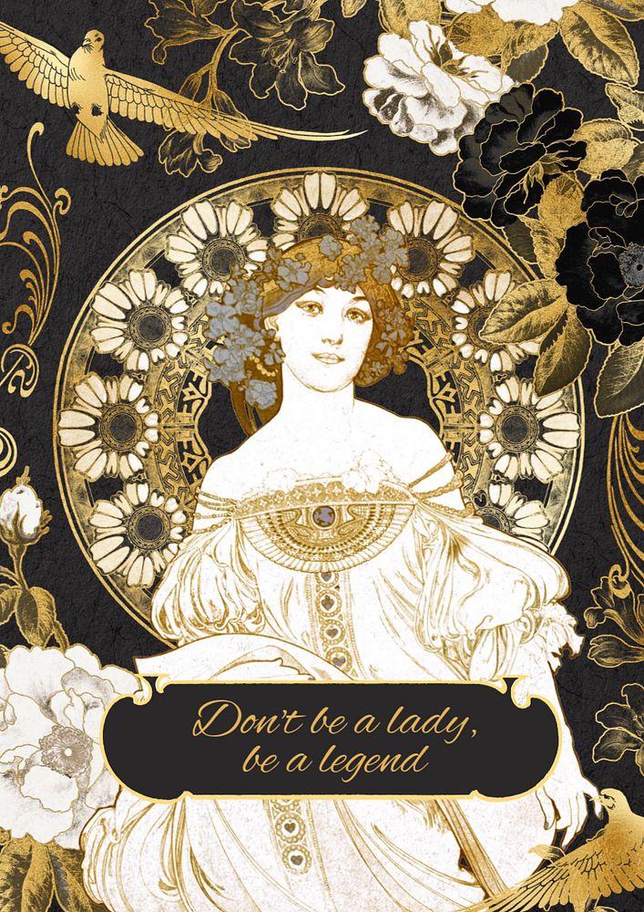 Aesthetic gold woman poster template, editable Alphonse Mucha design, remixed by rawpixel