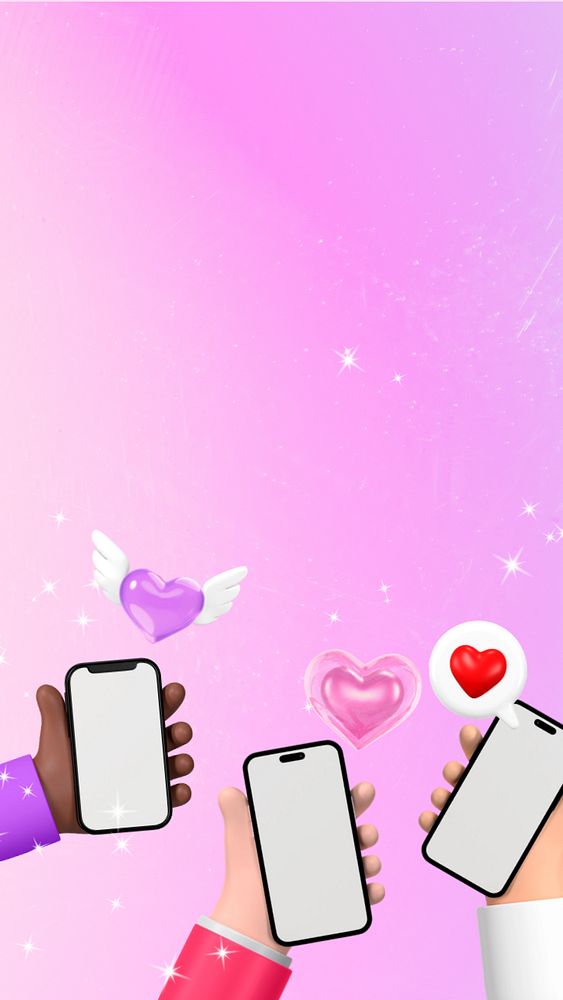 Online dating phone wallpaper, hands holding smartphones illustration, editable design