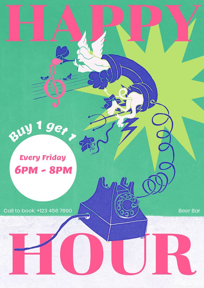 Happy Hour poster template, editable retro design remixed from original vintage poster by rawpixel