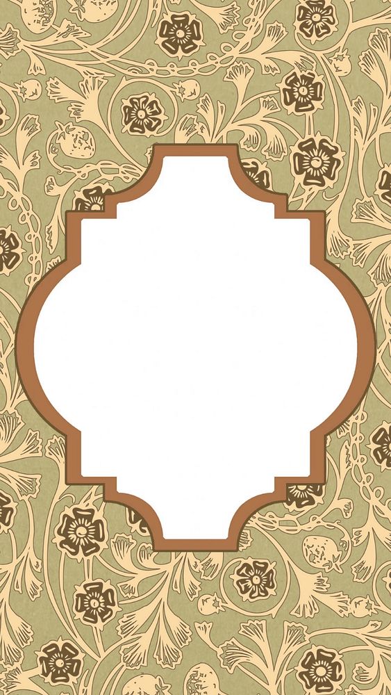 Leafy patterned frame phone wallpaper, editable brown vintage background, remixed by rawpixel