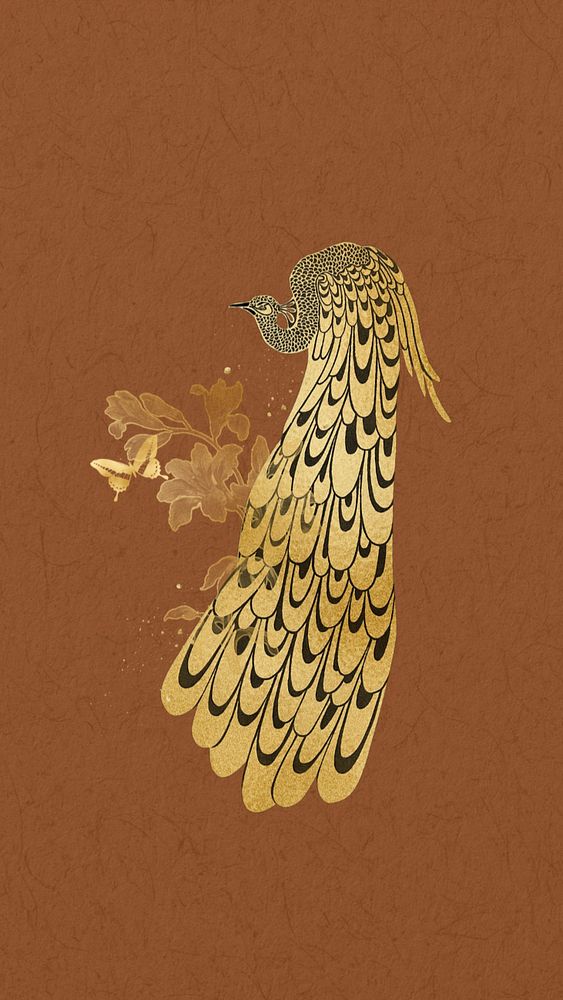 Gold peacock iPhone wallpaper, editable aesthetic design, remixed by rawpixel