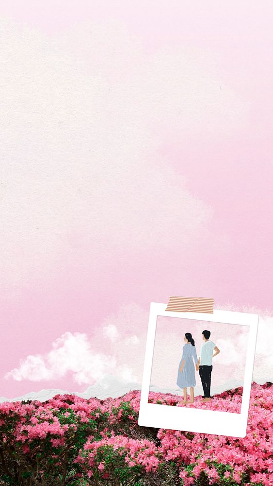 Aesthetic couple dreamscape phone wallpaper, pink sky background, editable design