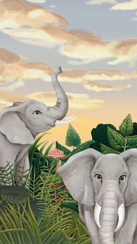 Wild elephants mobile wallpaper, animal illustration background