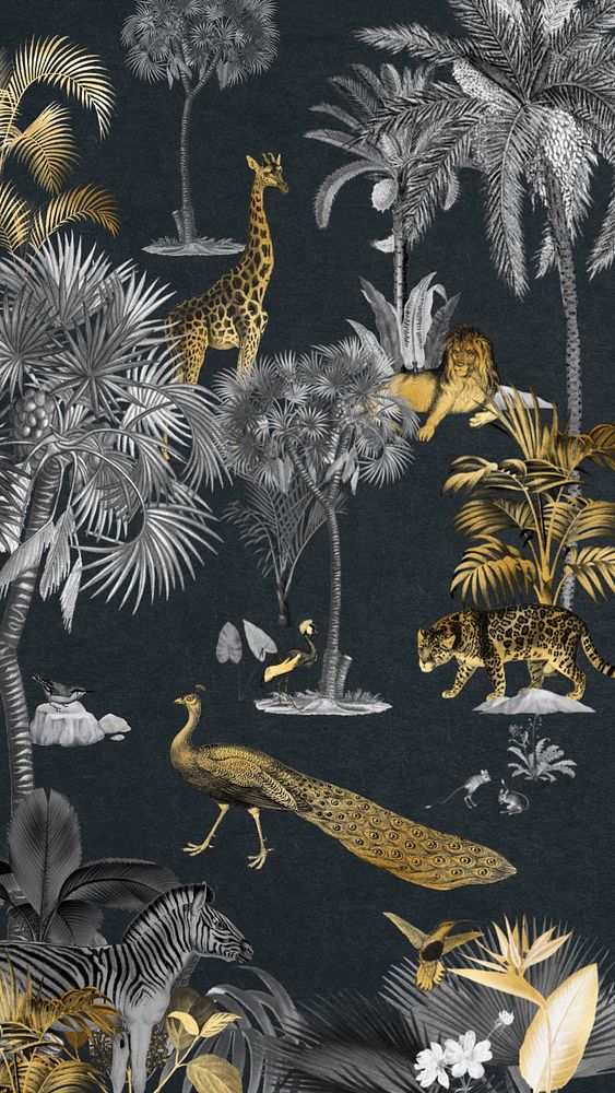 Gold wildlife pattern iPhone wallpaper, jungle animals background, editable design