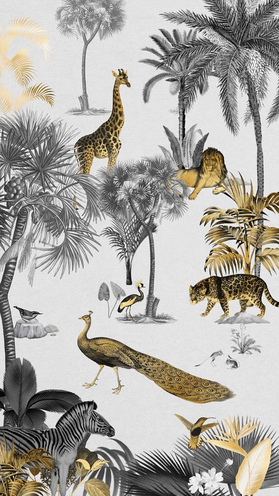 Gold wildlife pattern iPhone wallpaper, jungle animals background, editable design