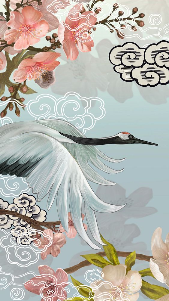 Flying Japanese crane iPhone wallpaper, traditional animal illustration, editable design