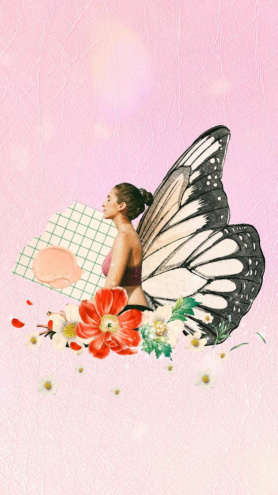 Surreal butterfly-winged woman phone wallpaper, aesthetic floral remix background, editable design