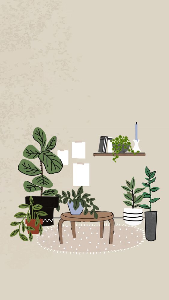 Aesthetic living room mobile wallpaper, editable houseplant remix design