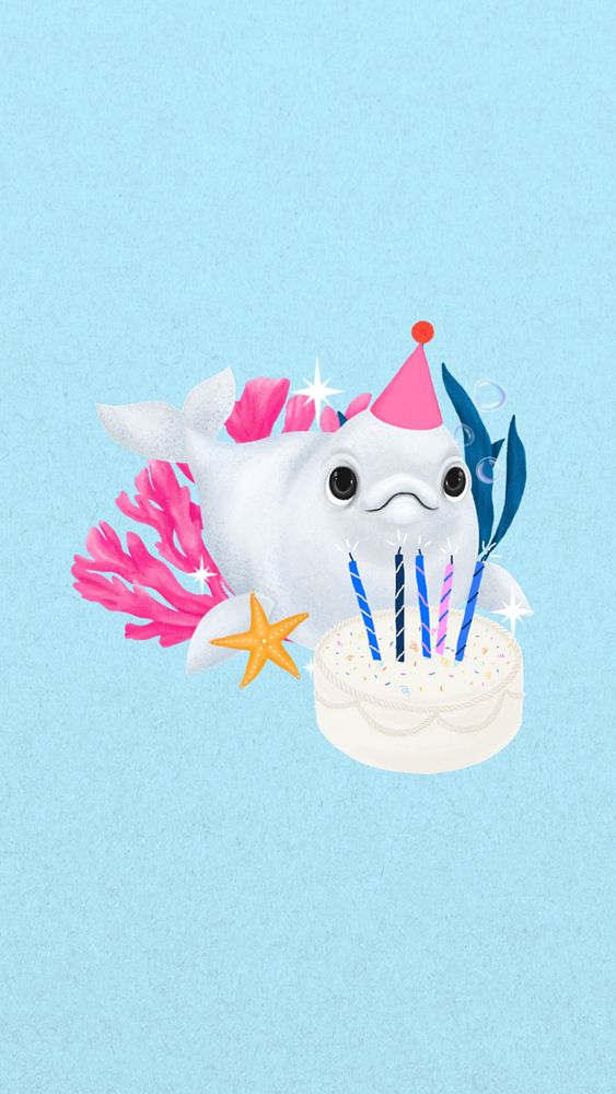 Cute birthday whale iPhone wallpaper, editable illustration background