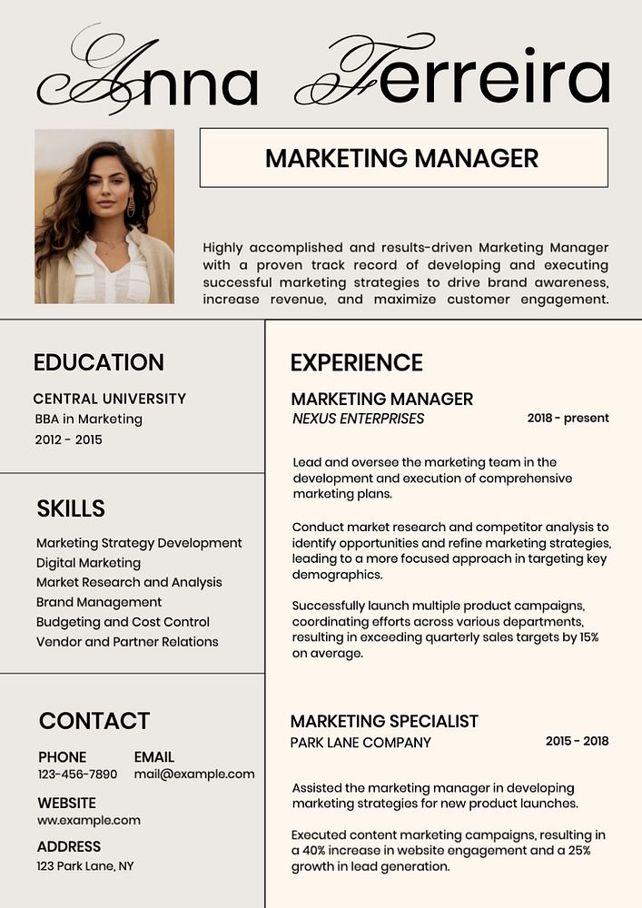 Marketing manager resume template, editable design