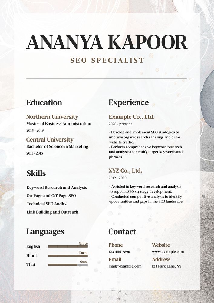 SEO specialist resume template, editable design