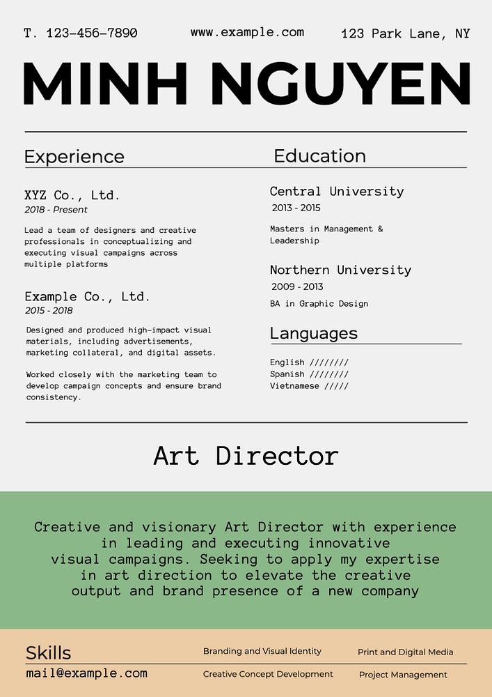 Art director resume template, editable design