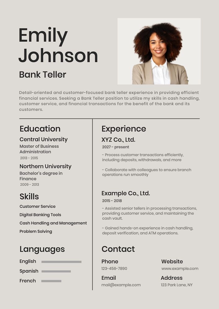 Bank teller resume template, editable design