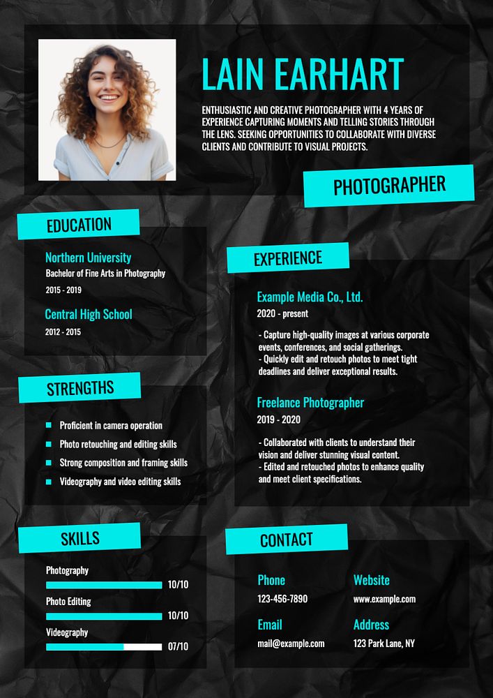 Photographer resume template, editable design