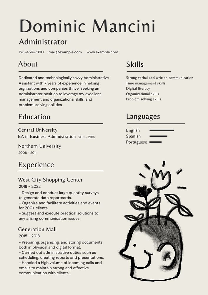 Administrator resume template, editable design