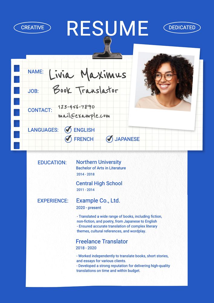 Book translator resume template, editable design