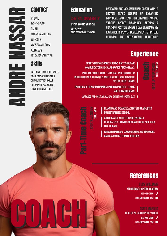 Sports coach resume template, editable design