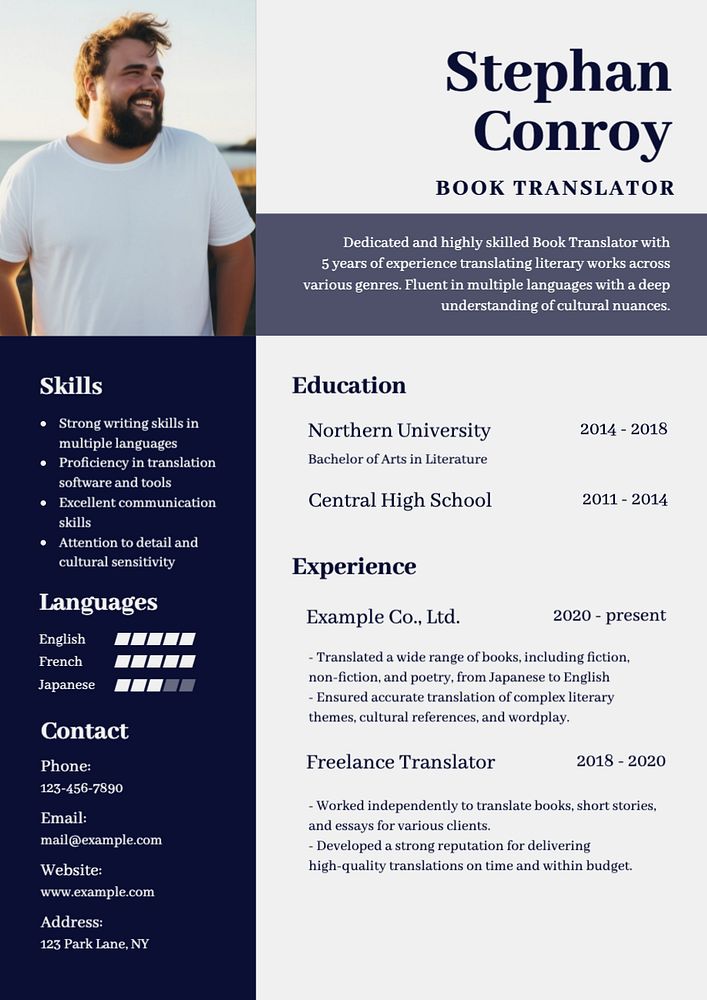 Book translator resume template, editable design