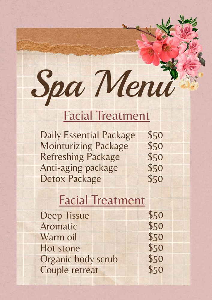 Spa menu poster template, editable design